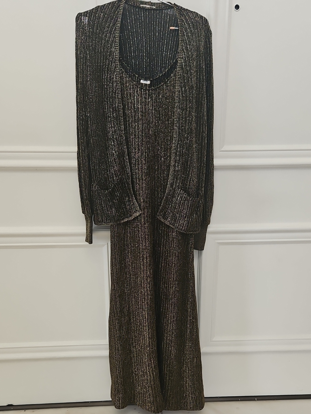 Vintage 70s Gold Lurex Metallic Knit Maxi Dress & Cardigan Set S